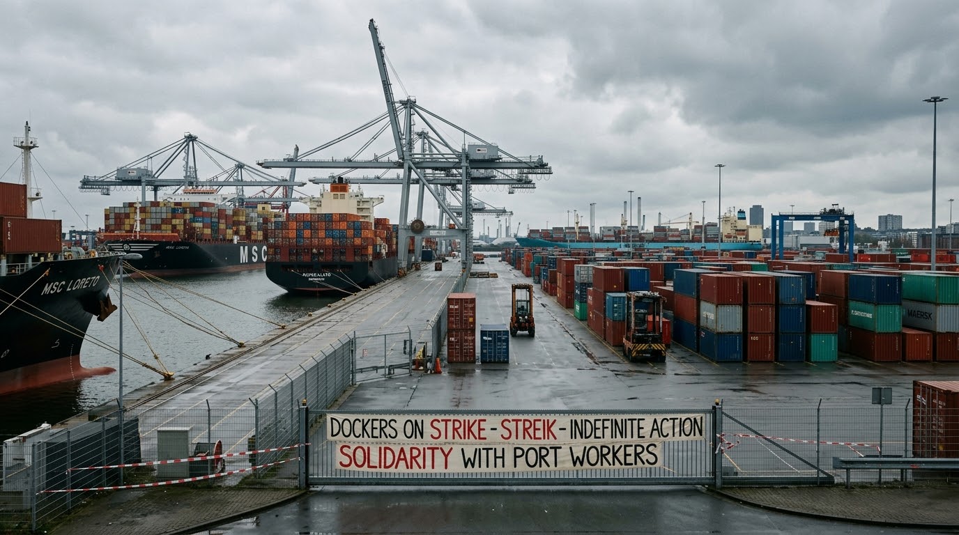 Dockers Strike Halts Port Operations Cargo ships waiting indefinitely at a blocked European port with containers piled up on the dock during an industrial dockworkers strike.