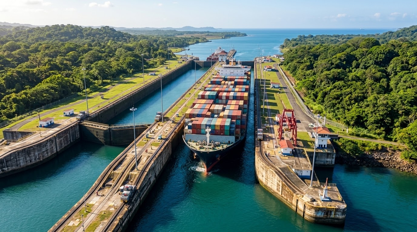 Shenzhen to Houston Sea Freight Routes via Panama Canal - STU Supply Chain Sea shipping route map from Shenzhen to Houston showing Panama Canal transit delay and US East Coast alternative routes