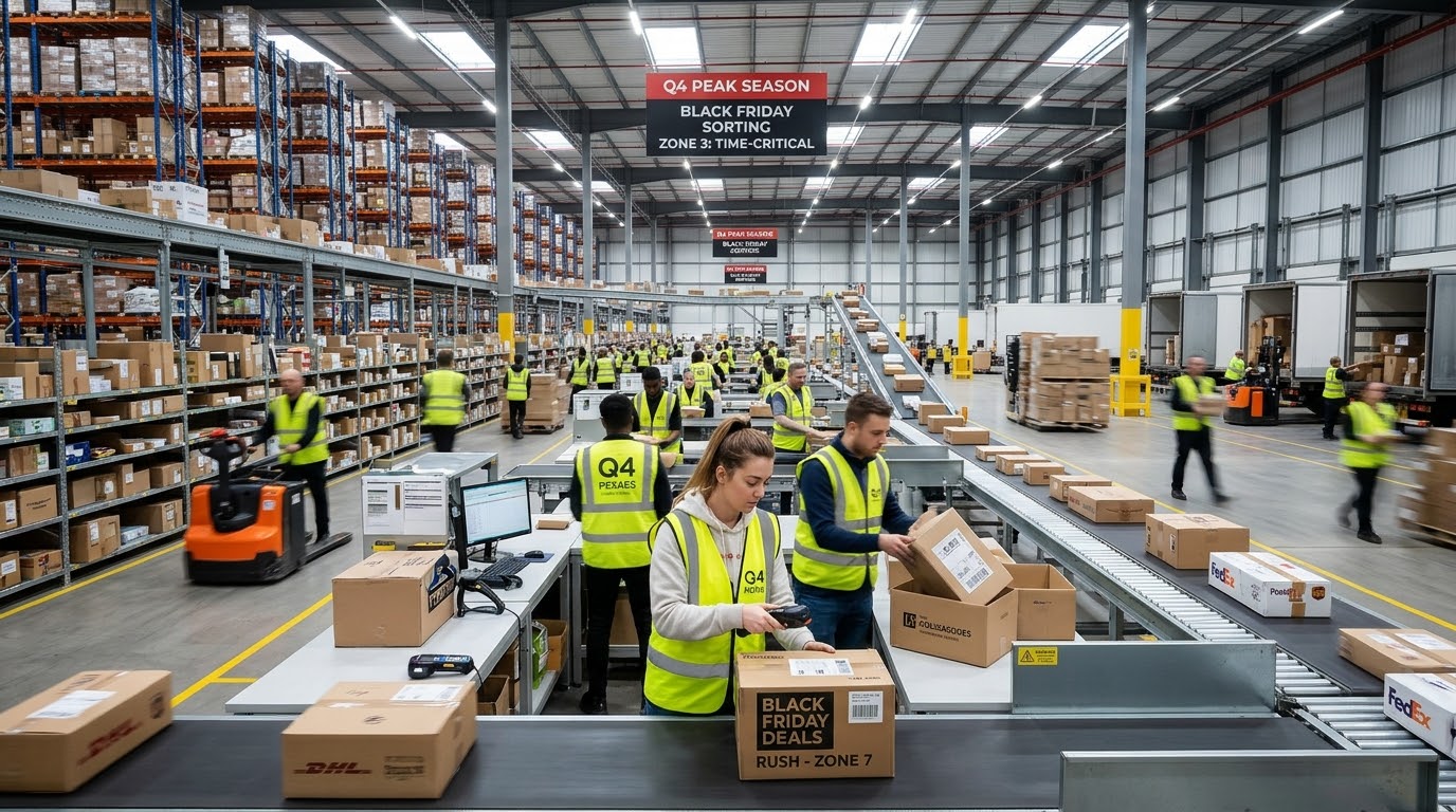 Q4 Peak Season Warehouse Sorting Workers sorting time-critical packages and boxes for Black Friday shipping inside a busy modern logistics warehouse during Q4.