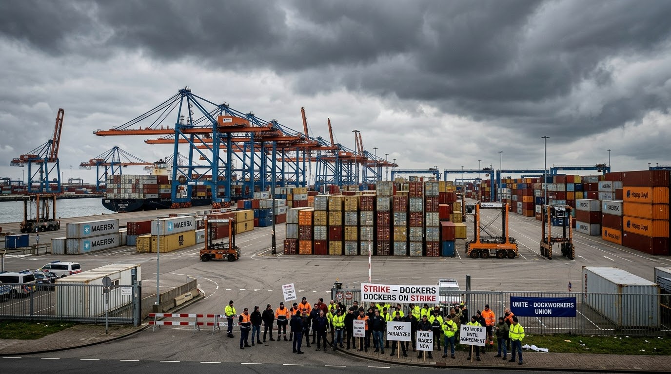 European Port Strike Supply Chain Crisis A realistic photo of a European container port paralyzed by a dockers strike with idle cranes and stormy skies, symbolizing a supply chain perfect storm.