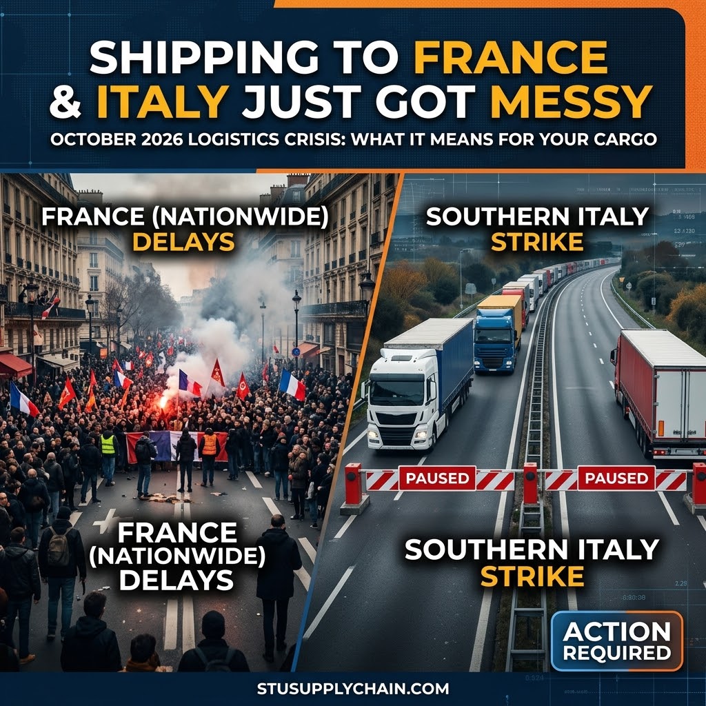 France and Italy Shipping Crisis 2026 October 2026 shipping crisis and transport strikes in France and Italy impacting cargo logistics