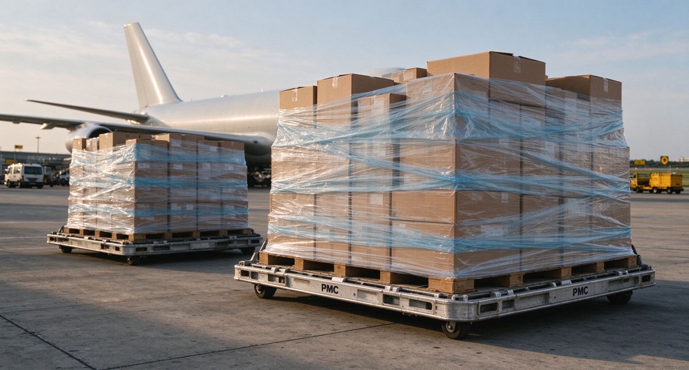china-europe-air-freight-uld-pallet Freight forwarder stacking ULD pallets at Shanghai Pudong airport bound for Frankfurt