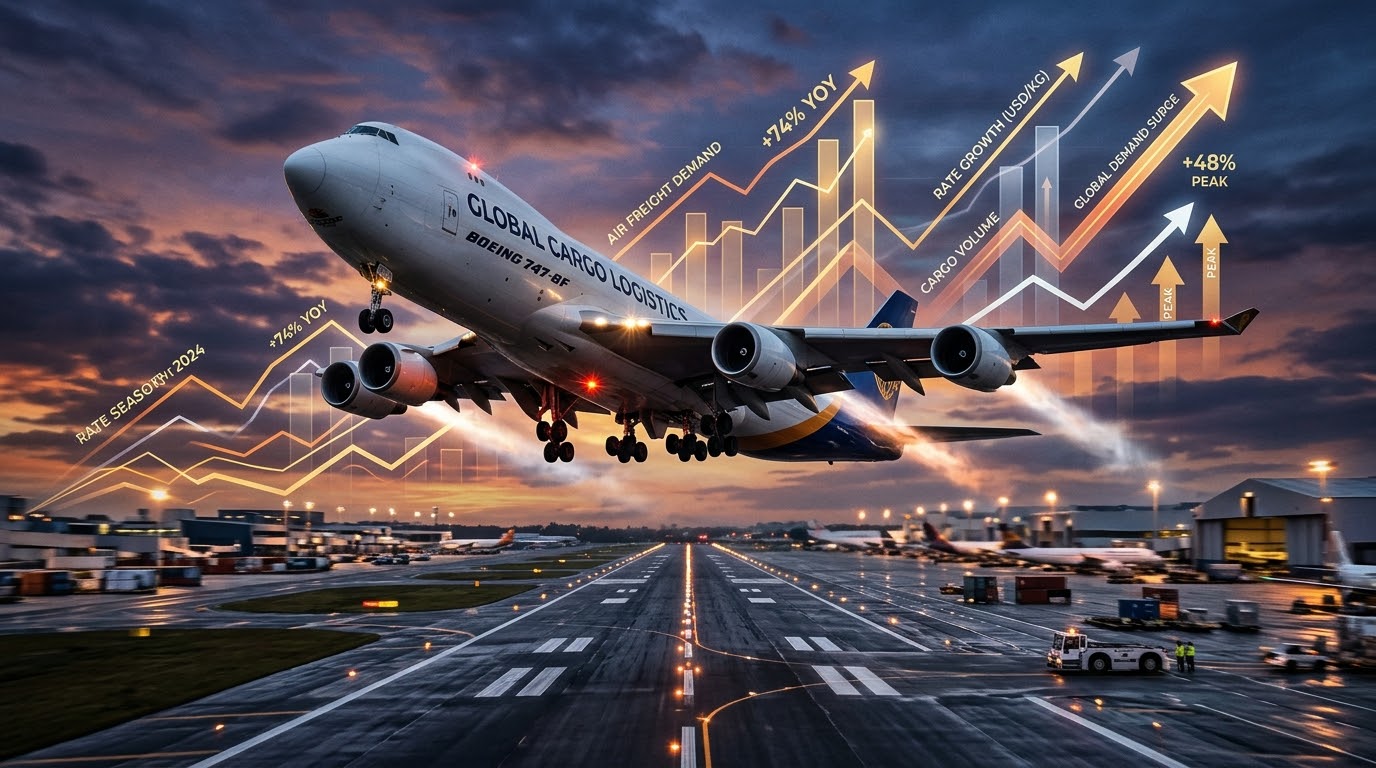 Surging Air Freight Rates and Demand A commercial cargo aircraft taking off at twilight with graphic upward trend lines, representing rising China-Europe air freight rates and peak season demand.