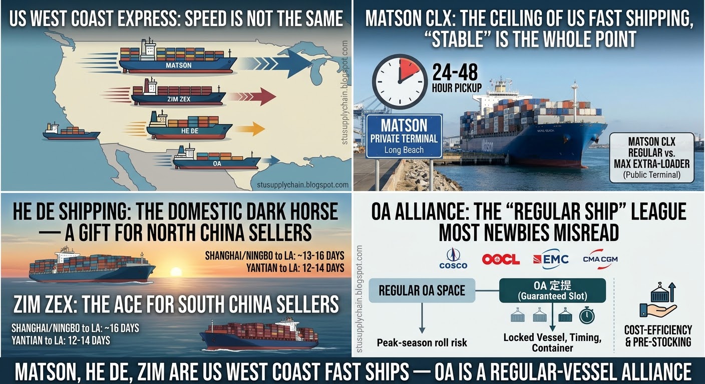 US West Coast Express Shipping Channels Speed Comparison Infographic Infographic comparing the speed, transit time, and logistics channels of US West Coast express shipping including Matson, ZIM, He De, and OA Alliance.