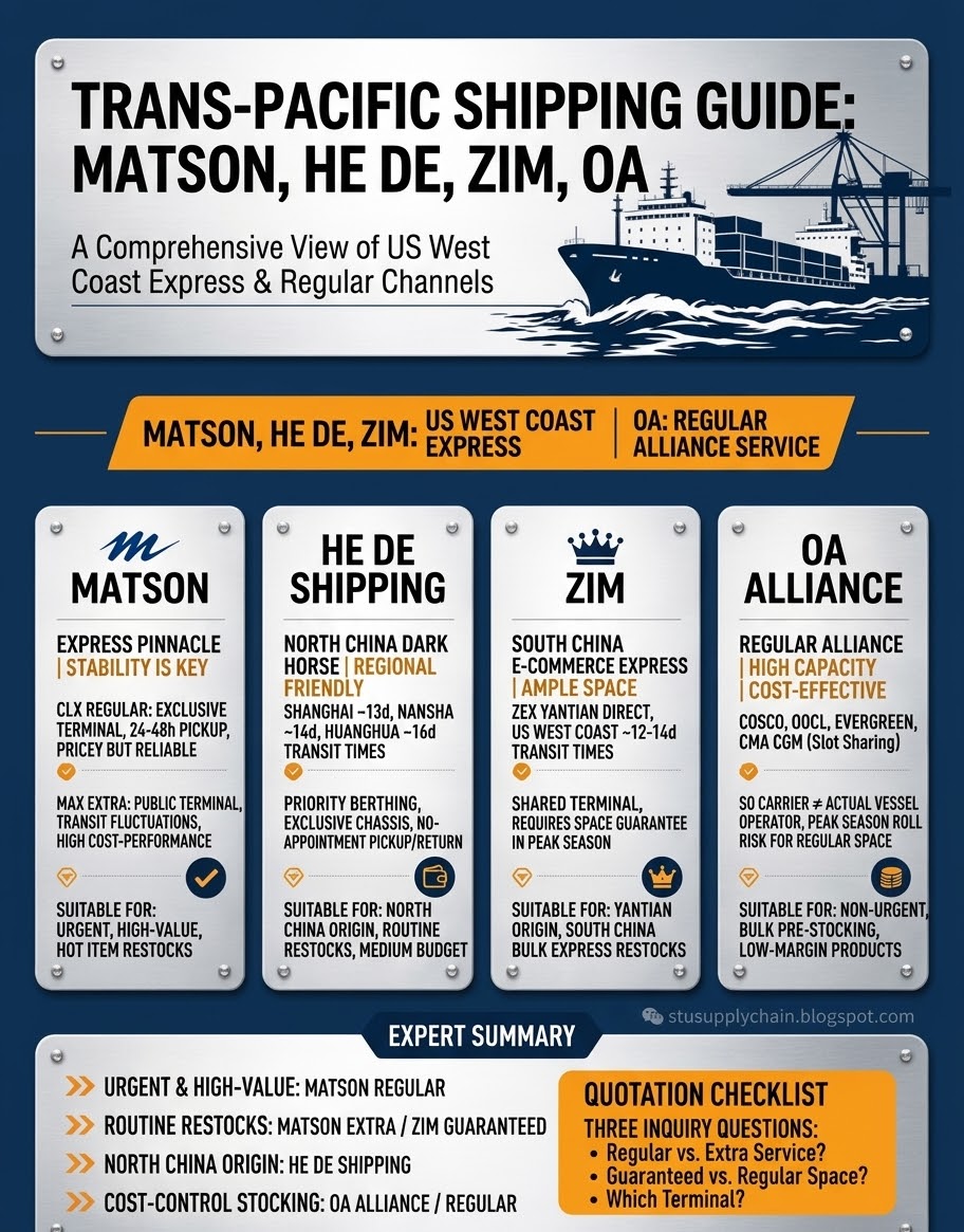 Trans-Pacific Shipping Guide: Matson, He De, Zim, OA Comparison Infographic A comprehensive infographic comparing US West Coast shipping channels including Matson express, He De shipping, ZIM ZEX, and OA Alliance, detailing transit times, terminal resources, and selection tips for cross-border e-commerce sellers.