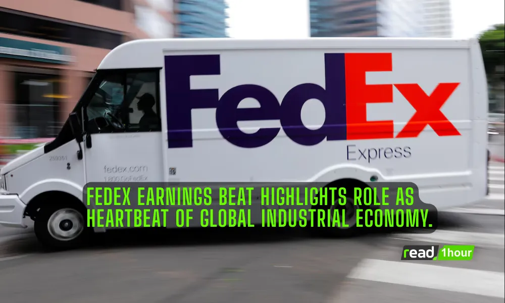 FedEx delivery trucks reflect industrial economy strength after company reports quarterly earnings beat.
