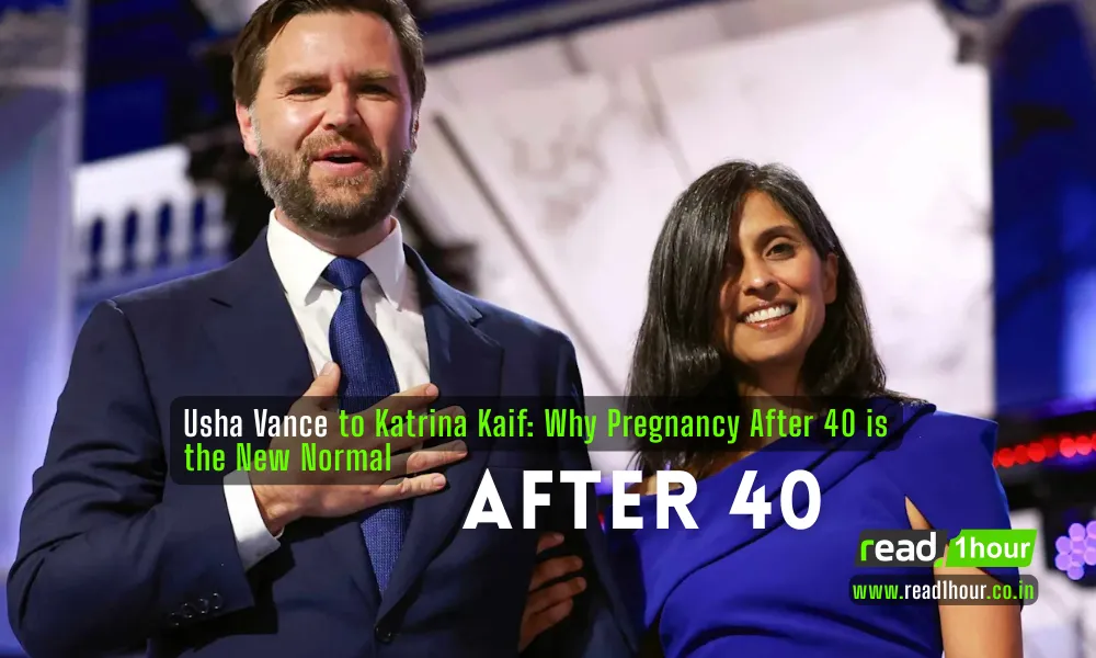 Split image showing Usha Vance and a symbolic silhouette of a pregnant woman representing late motherhood