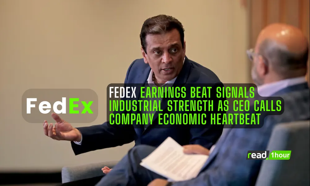 FedEx delivery trucks reflect industrial economy strength after company reports quarterly earnings beat.