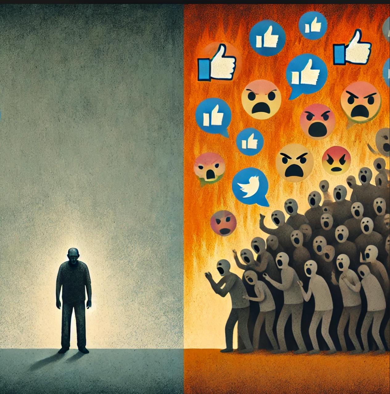 Symbolic contrast between societal apathy and cancel culture: on the left, a solitary individual in need, isolated in a muted space; on the right, a chaotic mob of faceless people represented by social media icons like thumbs-ups and angry emojis, symbolizing online outrage and cancel culture.