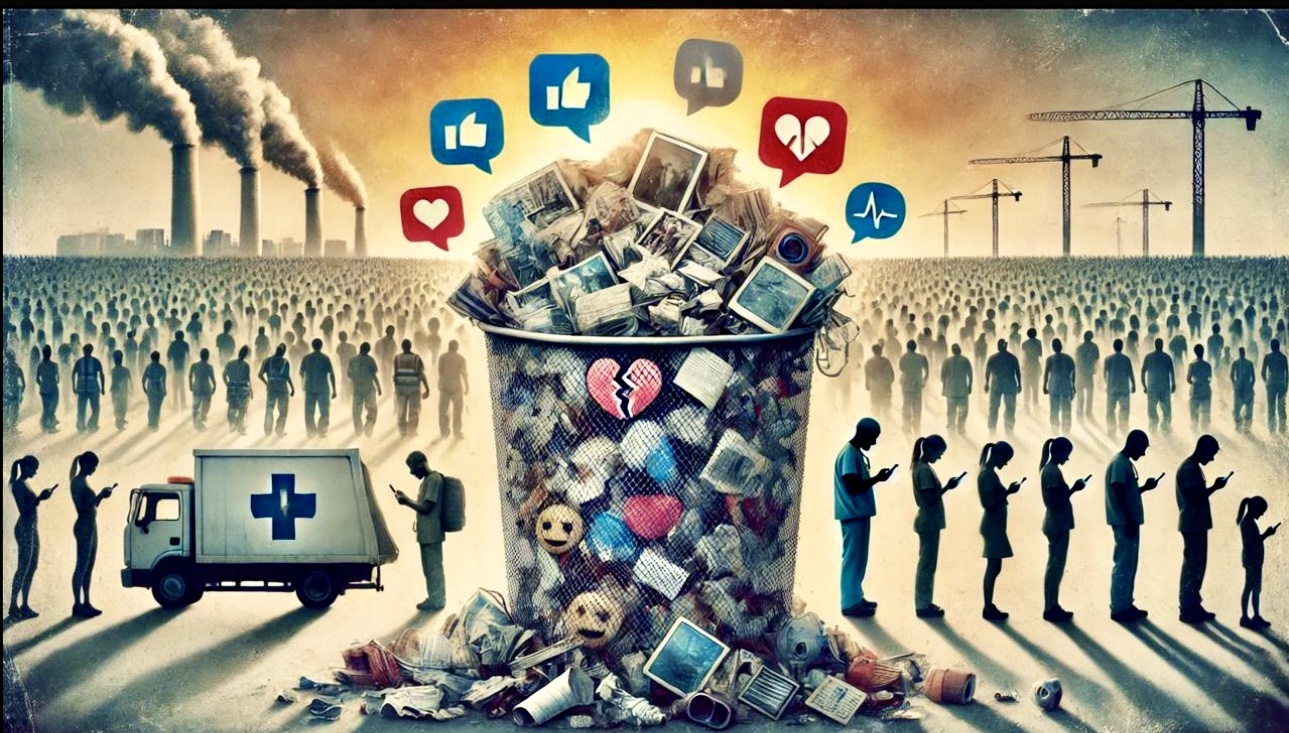 A surreal scene symbolizing the disposable culture: a trash bin filled with torn photographs, broken hearts, emojis, and chat bubbles, representing discarded relationships; in the background, silhouettes of healthcare workers, teachers, and delivery personnel fade into a crowd of people distracted by their phones; above, a landfill of plastics, faded smiles, torn books, and gadgets symbolizes the throwaway mentality. The scene is bathed in muted tones of grays and browns, with soft, warm light suggesting hope on the horizon.