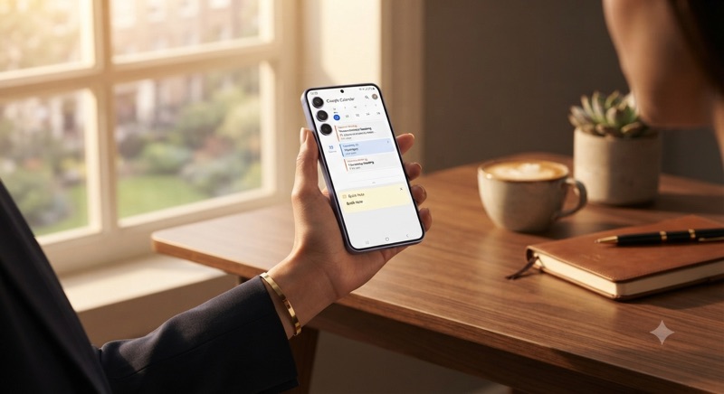 Galaxy A58 in a modern professional lifestyle setting - showing the phone seamlessly fitting into daily work and life]⁠