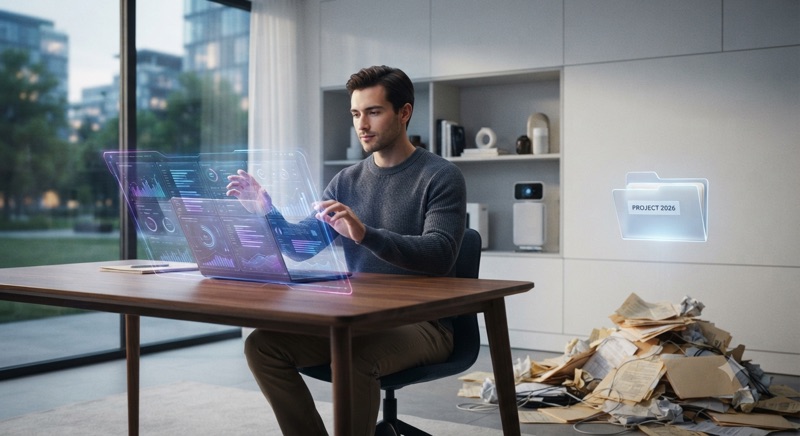 التحول الرقمي وإدارة المشاريع بذكاء". "A hyper-realistic conceptual photography, wide shot, inside a minimalist, futuristic home office in 2026. A focused person is seated comfortably at a sleek, warm wooden desk. Instead of a traditional laptop, a complex, flowing holographic interface of glowing blue and purple data streams, charts, and productivity metrics rises from the desk surface. The person is interacting with this digital hologram using natural hand gestures. Piles of disorganized, crumpled old paper documents are on the floor next to the desk, and a single, perfect, organized digital folder icon floats above them, symbolizing the transformation. Natural, soft daylight streams from a large window, creating a productive and calm atmosphere. High resolution, 8k, cinematic lighting, symbolizing efficiency and transformation
