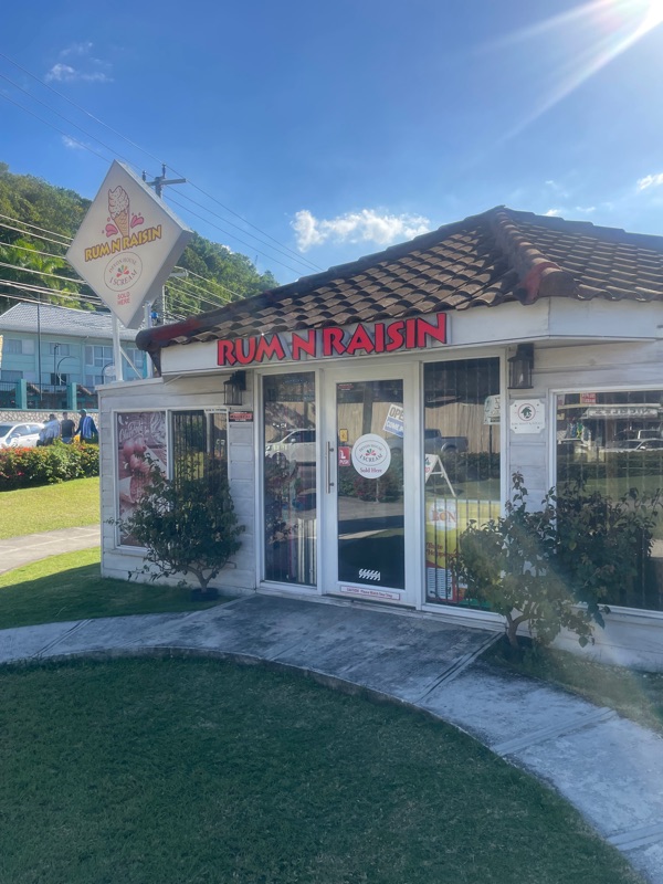 Rum N Raisin ice cream shop in Montego Bay Jamaica serving Devon House ice cream, tropical flavors, and patties