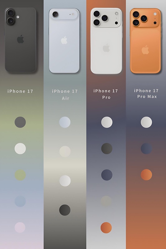 iPhone 17 系列各機型外觀與配色對照示意圖