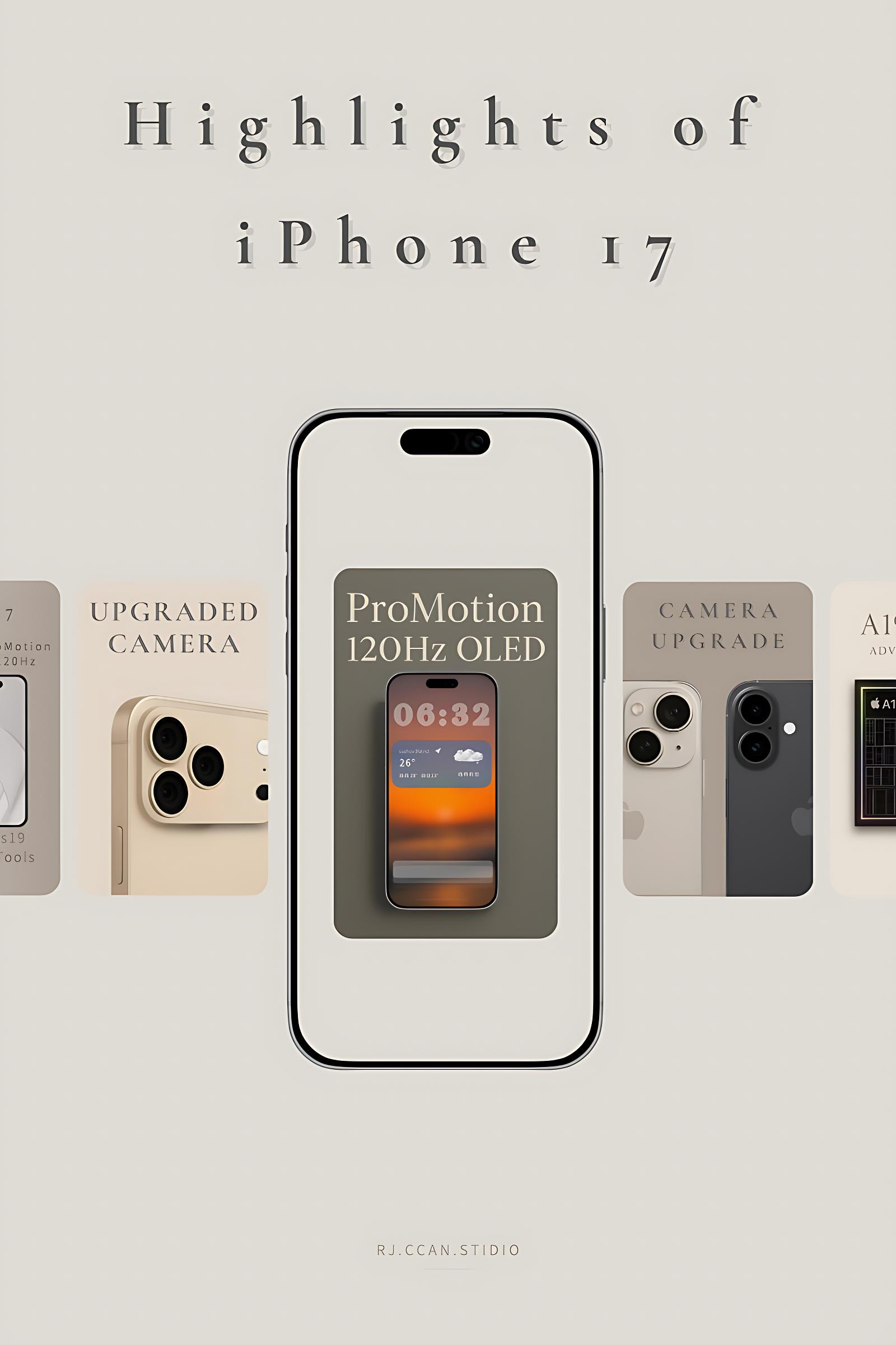 iPhone 17 升級重點視覺示意圖，呈現 120Hz ProMotion 顯示與相機升級方向