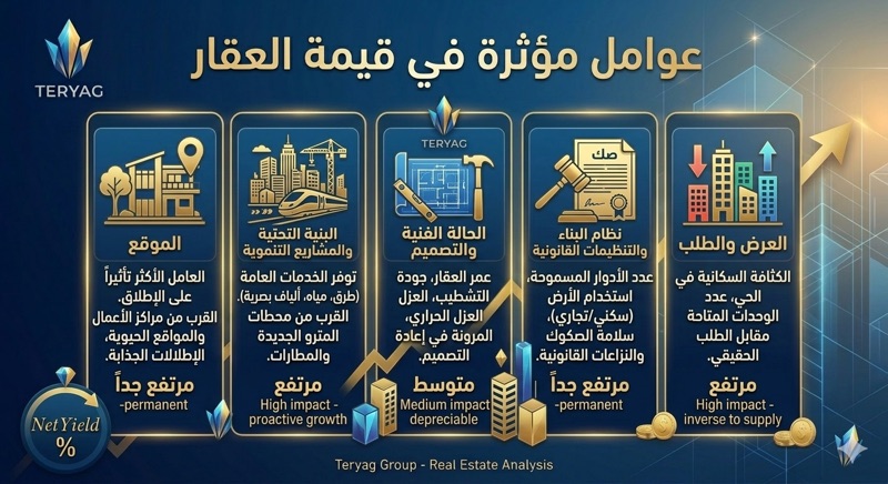 جدول ملخص للعوامل المؤثرة في قيمة العقار (بمنظور استثماري):