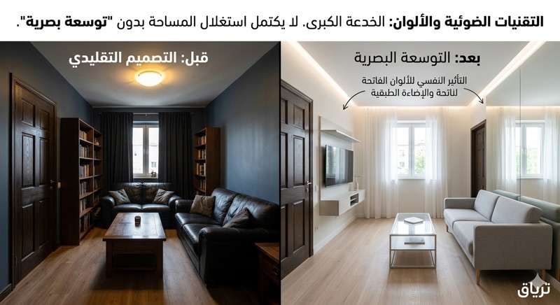 الإضاءة والألوان: الخدعة الكبرى لا يكتمل استغلال المساحة بدون "توسعة بصرية":