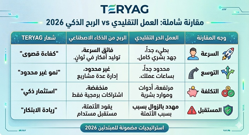 تُلخص هذه الصورة المصممة خصيصاً لـ TERYAG الفرق بين الجهد البشري الصرف (في العمل التقليدي) والكفاءة الفائقة (في العمل بالذكاء الاصطناعي) لعام 2026، مما يوضح سبب تفوق المسار الذكي."