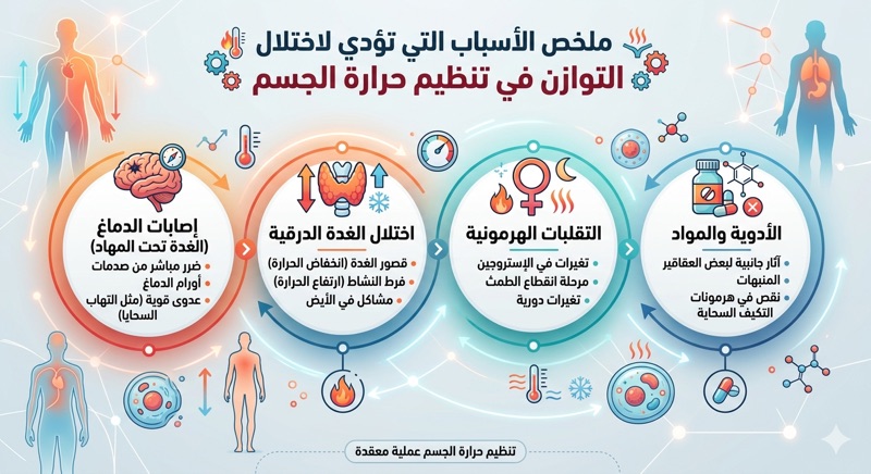 ملخص الأسباب التي تؤدي لاختلال التوازن في درجة حرارة الجسم