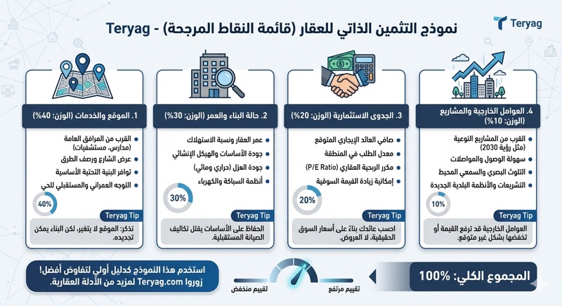 نموذج التثمين الذاتي (جدول النقاط المرجحة) يمكنك إنشاء جدول بسيط لتقييم عقارك مقارنة بمتوسط الحي