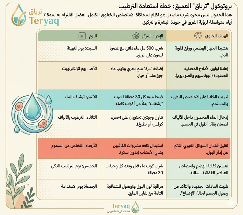 جدول أسبوعي لبروتوكول ترطيب الجسم وعلاج الجفاف - مدونة ترياق