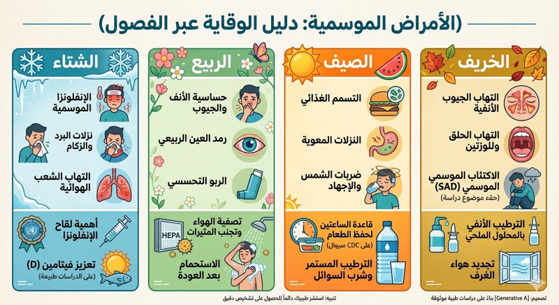 استعرض لكم بهذا الإنفوجرافيك بعض الآمراض الموسمية وطرق الوقاية منها،ترياق