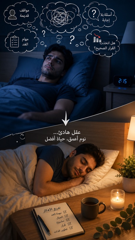 لماذا يزداد التفكير الزائد قبل النوم؟ وكيف تهدئ عقلك قبل أن تنام؟ رجل مستلقٍ في السرير ليلًا يعاني من التفكير الزائد قبل النوم، بينما يُظهر الجزء الآخر من الصورة نومًا هادئًا بعد تهدئة العقل واتباع عادات صحية تساعد على الاسترخاء.