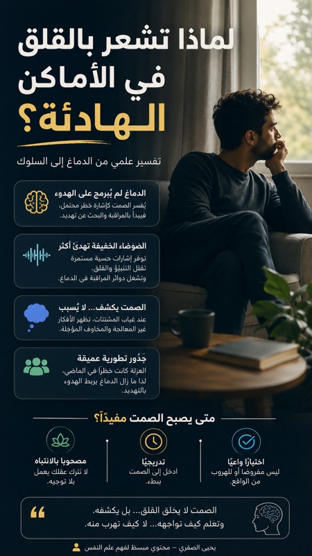 لماذا تشعر بالقلق في الأماكن الهادئة؟ التفسير العلمي لعلاقة الصمت بالقلق والتفكير الزائد. لماذا تشعر بالقلق في الأماكن الهادئة؟ رجل يجلس في غرفة هادئة يفكر بعمق مع توضيح علمي يشرح علاقة الصمت بالقلق والتفكير الزائد في الدماغ.