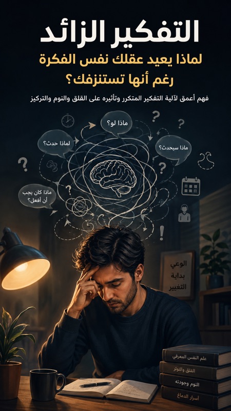 رجل يجلس وحده واضعًا يده على رأسه بينما تدور فوقه أفكار وأسئلة متكررة حول الدماغ، في تعبير بصري يرمز إلى التفكير الزائد وتأثيره على القلق والتركيز وجودة النوم.