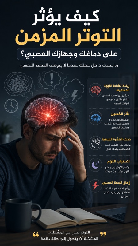 كيف يؤثر التوتر المزمن على الدماغ والجهاز العصبي؟ رجل يبدو عليه التوتر مع رسم توضيحي للدماغ يشرح كيف يؤثر التوتر المزمن على الدماغ والجهاز العصبي والتفكير والنوم.
