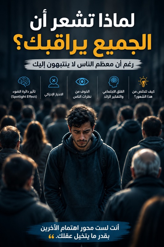 لماذا تشعر أن الجميع يراقبك؟ رغم أن معظم الناس لا ينتبهون إليك رجل يقف وسط حشد من الناس ويشعر أن الجميع يراقبه في مشهد يعبّر عن تأثير دائرة الضوء والقلق الاجتماعي.