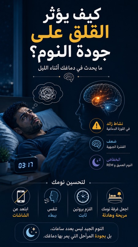 كيف يؤثر القلق على جودة النوم؟ تأثير القلق على الدماغ أثناء الليل. رجل مستلقٍ في السرير ليلًا ويبدو عليه القلق، مع رسم توضيحي للدماغ يوضح تأثير القلق على جودة النوم ومراحله العميقة.