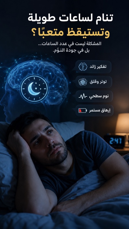 تنام لساعات طويلة وتستيقظ متعبًا؟ تعرّف كيف يؤثر الإرهاق الذهني والتفكير الزائد على جودة النوم. رجل مستلقٍ على السرير ليلًا يبدو مرهقًا وغير قادر على النوم، مع رسم توضيحي للدماغ يرمز إلى التفكير الزائد وتأثيره على جودة النوم، وعنوان: «تنام لساعات طويلة وتستيقظ متعبًا؟».
