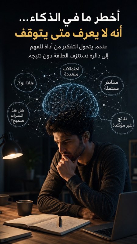رجل يجلس ليلًا غارقًا في التفكير، مع رسم توضيحي لدماغ وشبكة عصبية فوق رأسه يرمز إلى العلاقة بين الذكاء، التحليل العميق، والتفكير المفرط.