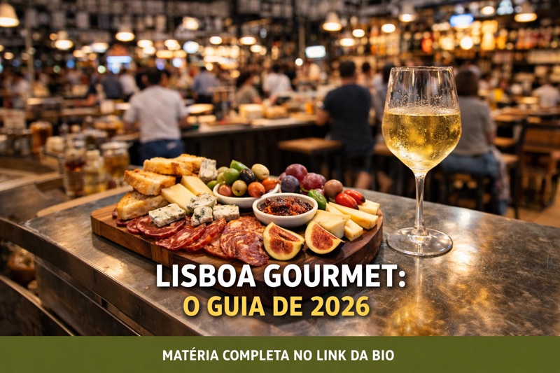 Bancas coloridas de um mercado de comida em Lisboa com pratos de marisco fresco, queijos artesanais e garrafas de vinho sobre balcões de madeira.