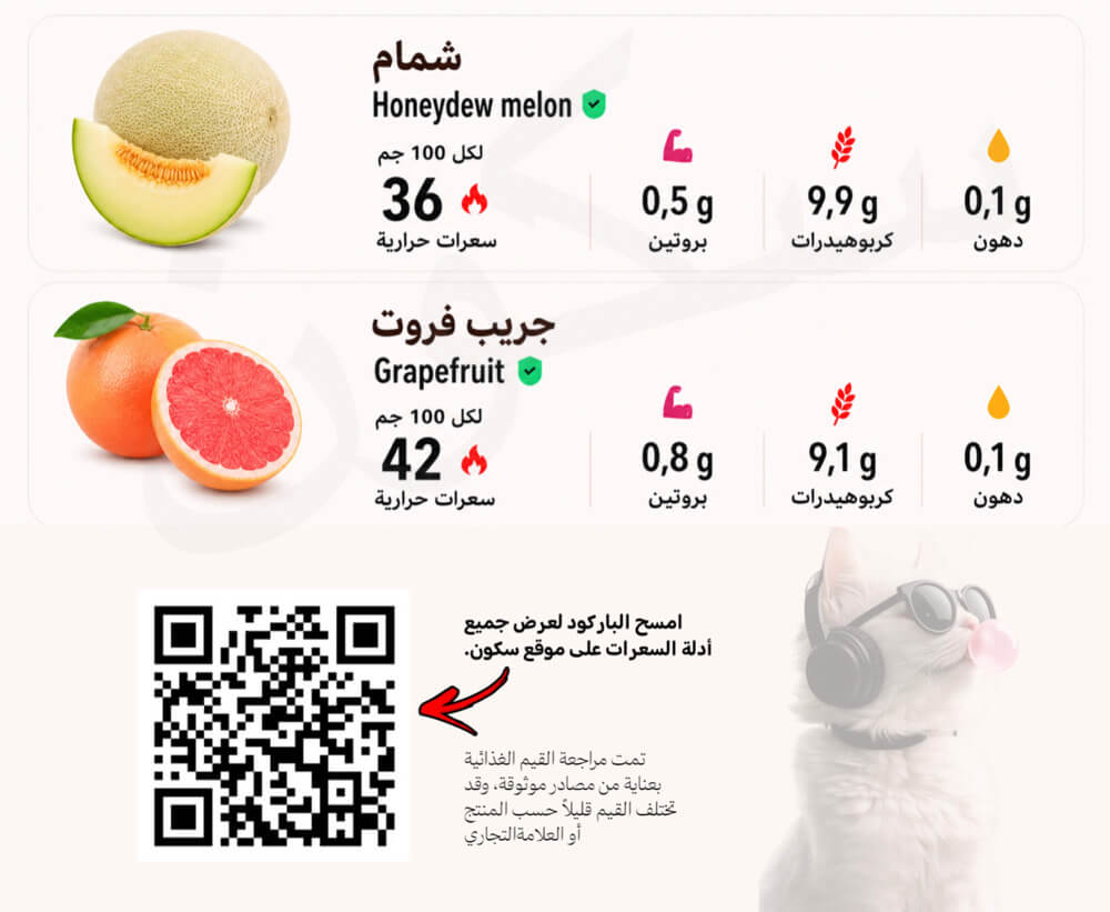 سعرات الشمام والجريب فروت الطازجة لكل 100 جرام سعرات الشمام والجريب فروت الطازجة لكل 100 جرام