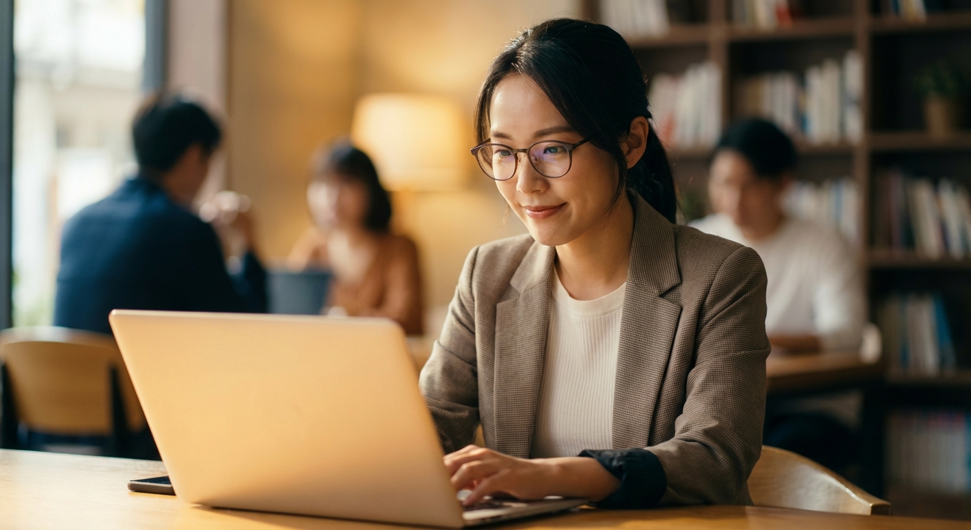 A serious asian job seeker analyzing security news on a laptop screen, shallow depth of field, warm lighting