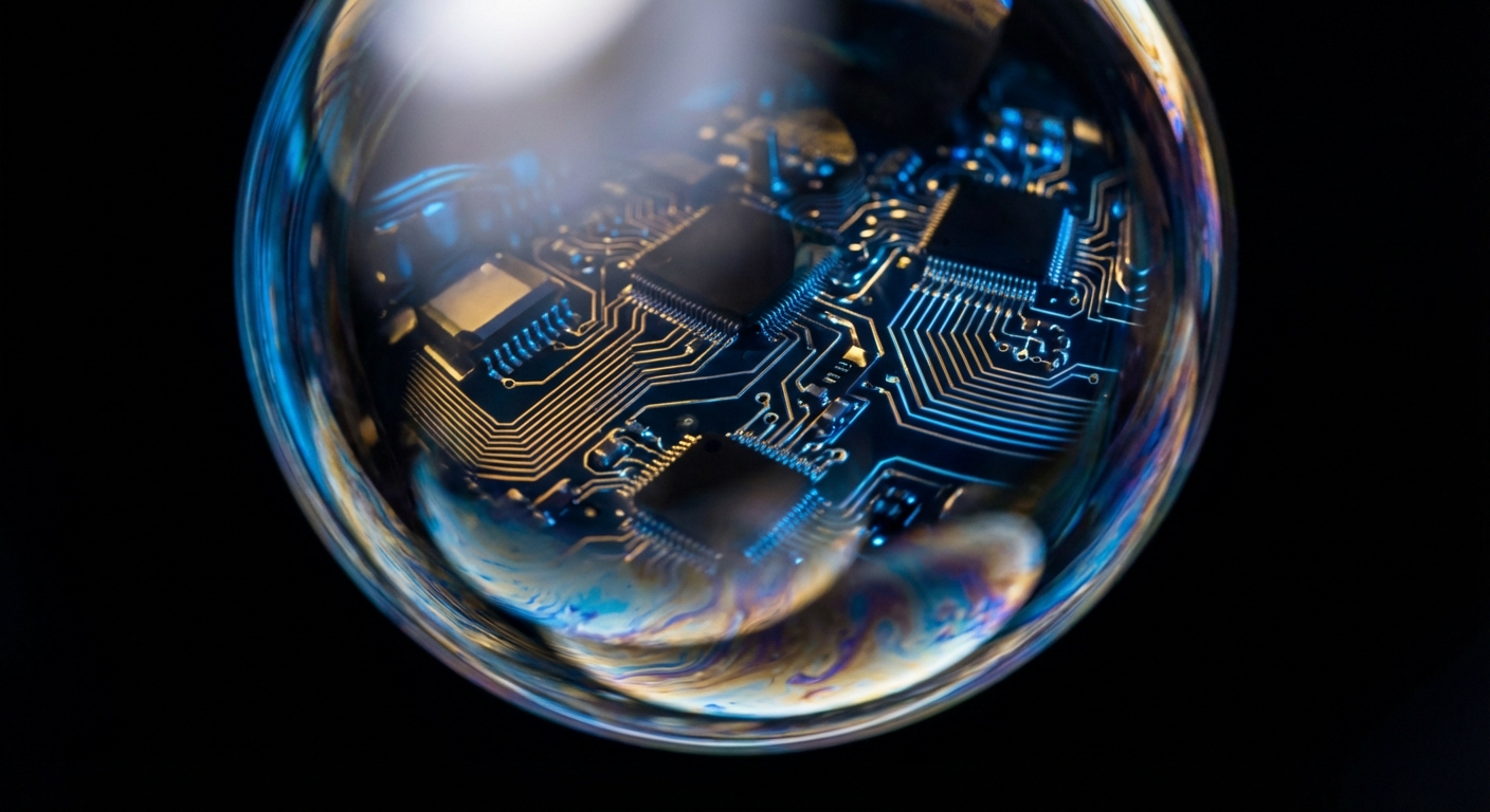 A conceptual illustration of a soap bubble with binary codes and circuit patterns reflecting on its surface, symbolizing the AI technology market bubble, soft lighting, cinematic style