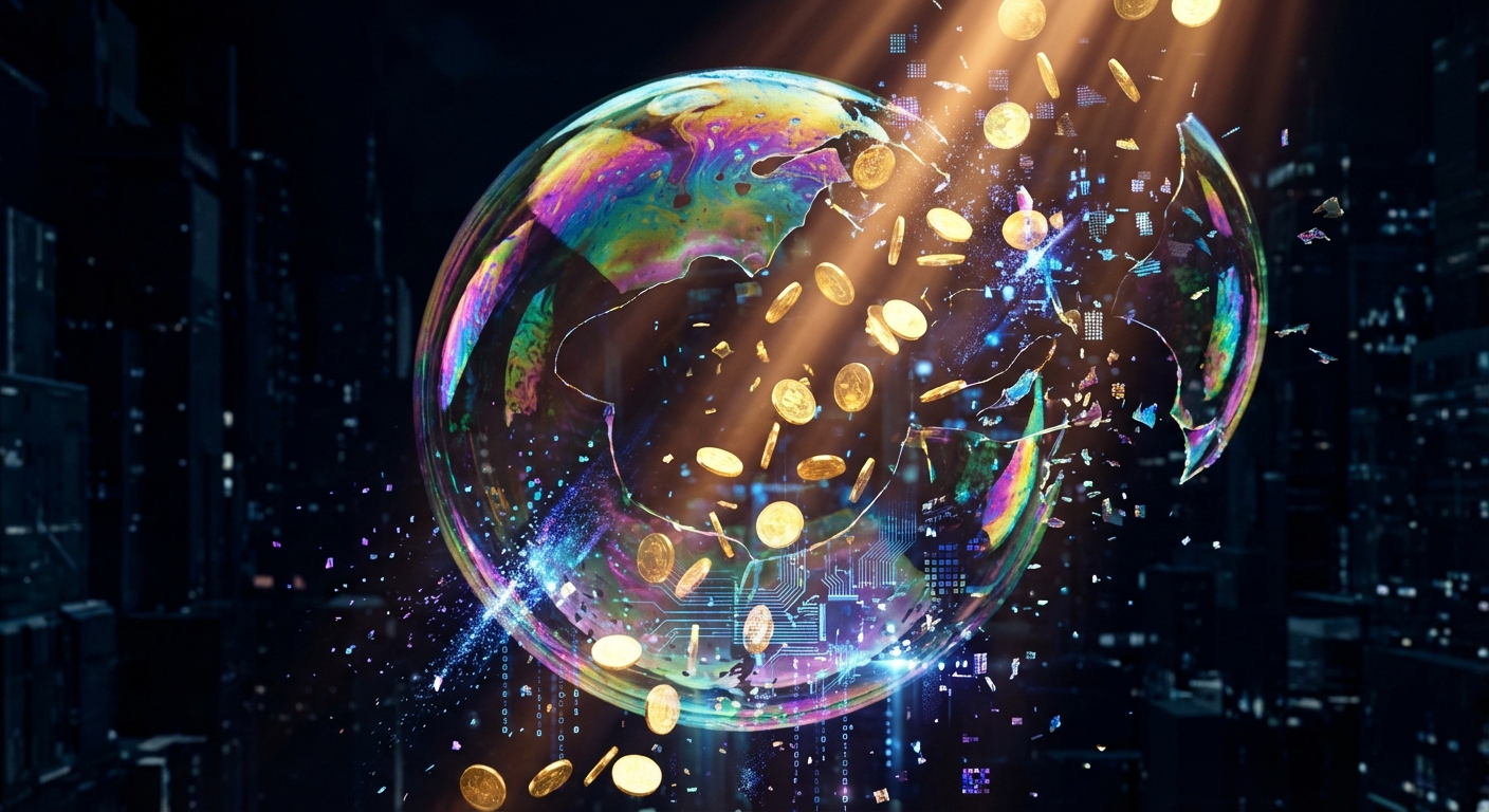 A conceptual illustration of a bursting bubble labeled 'AI Hype' transitioning into piles of gold coins representing monetization, cinematic lighting, 4k