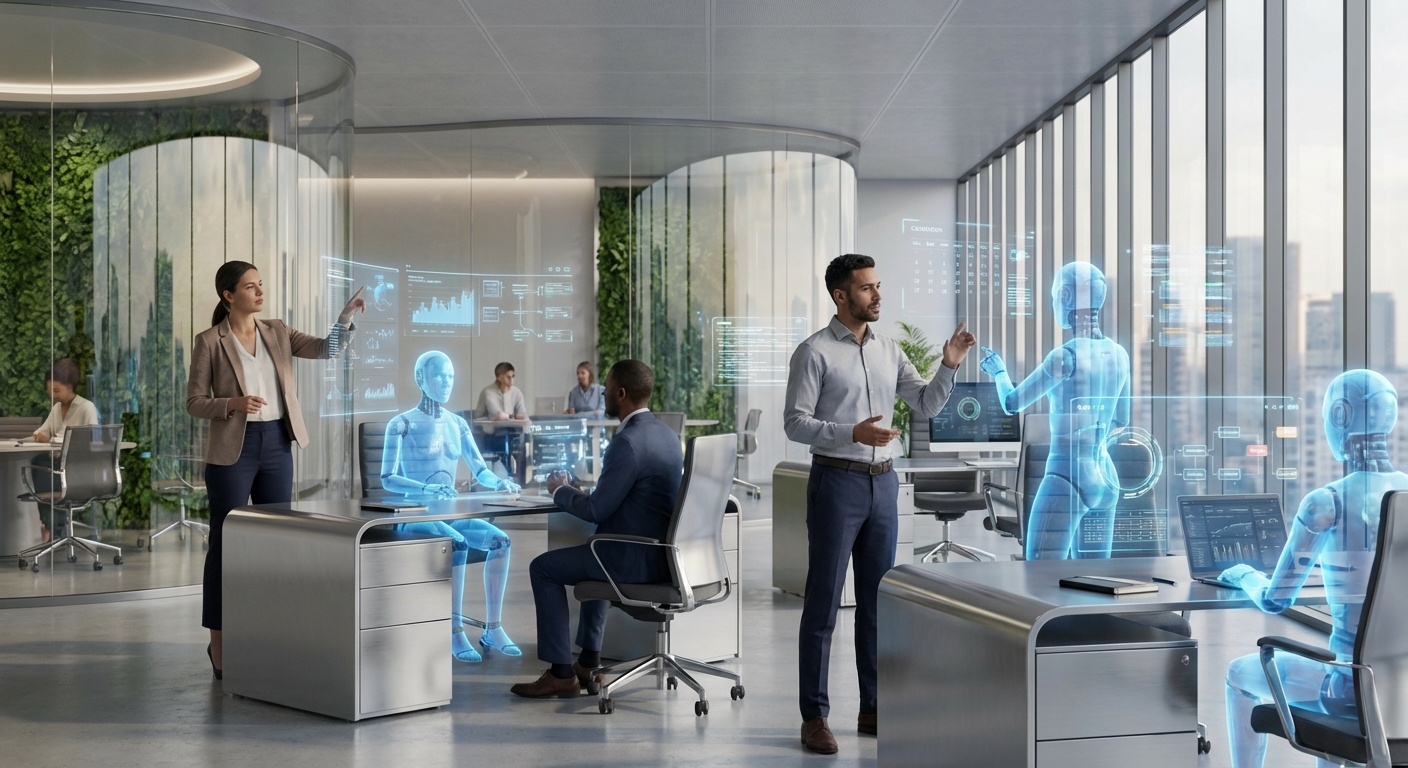 Futuristic office workspace where digital AI agents represented as glowing holograms are collaborating with human professionals, visualizing Agentic AI, cyberpunk style