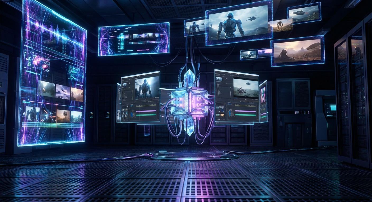 텍스트와 영상, 음성 인터페이스가 함께 연결된 미래형 AI 작업 화면