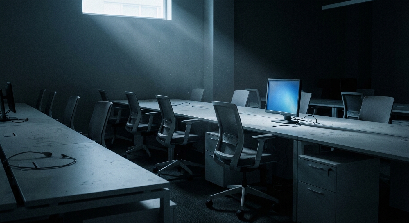 비어 있는 사무실 책상과 모니터를 담은 이미지