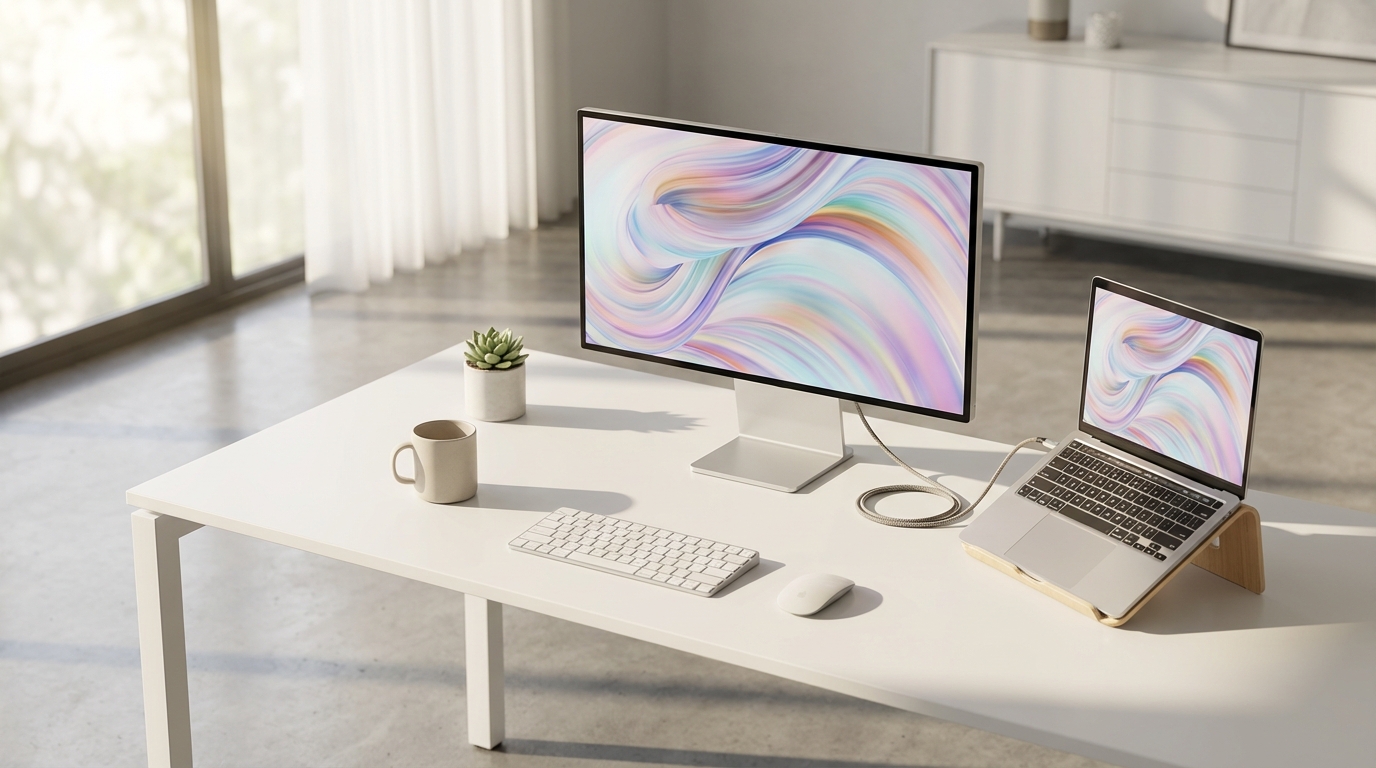 A clean and modern desk setup featuring a Dell U2725Q monitor connected to a MacBook Pro, minimalist style, soft lighting