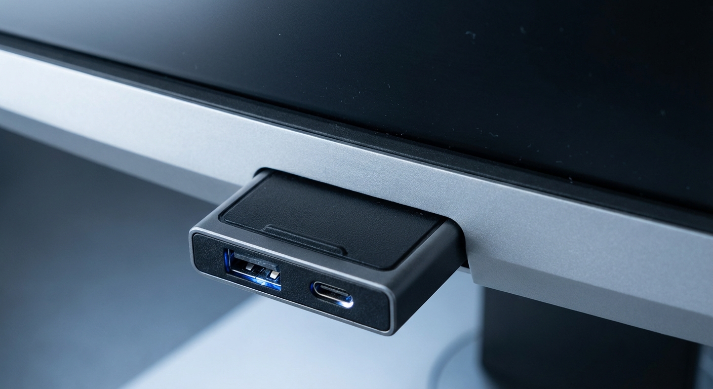 Close-up view of the Dell monitor's front pop-up port extended downwards, showing USB-C and USB-A ports, high-tech detail shot