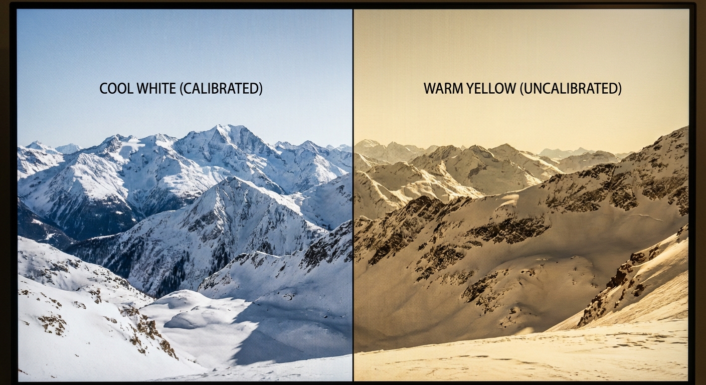 Comparison image of monitor screens, left side showing standard white balance, right side showing a warmer yellowish tint, split screen concept