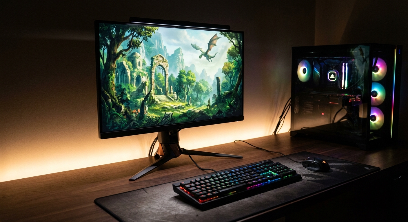 MSI MAG 272URDF700 모니터가 설치된 현대적인 게이밍 데스크 셋업