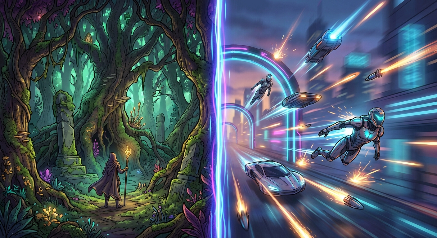 4K RPG 게임 화면과 FHD 320Hz FPS 게임 화면의 비교 예시