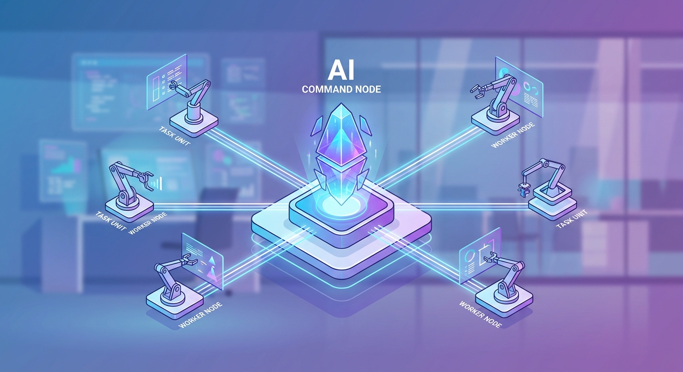 메인 AI가 여러 작업 에이전트에게 일을 나눠주는 개념 이미지