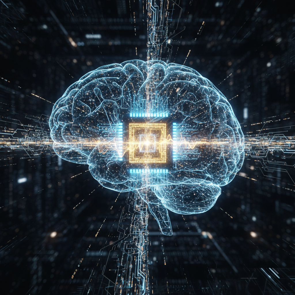 A futuristic AI brain processing data with a zoom-in on a highly compressed memory chip, glowing blue and gold circuits, 3D render, tech background