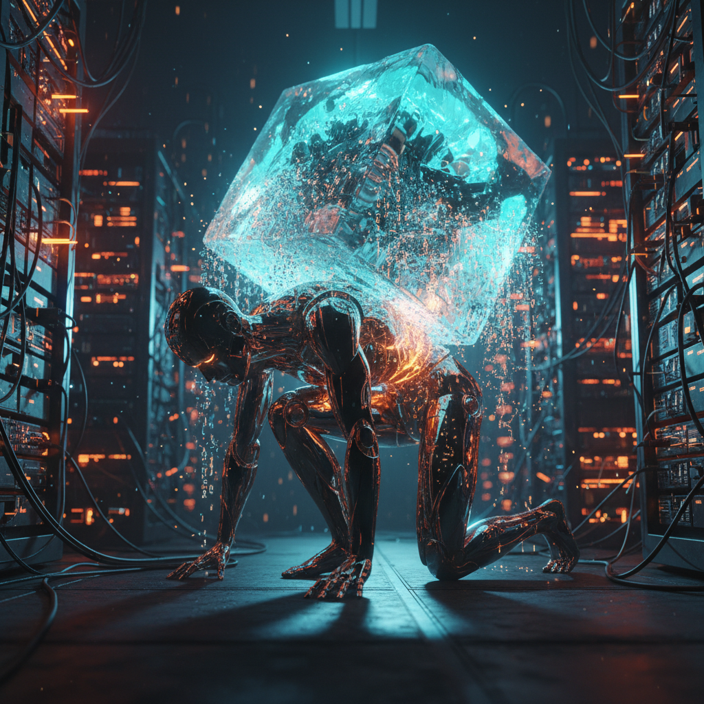 Concept illustration of an AI model struggling with a giant heavy backpack labeled KV CACHE, with HBM memory units visible in the background